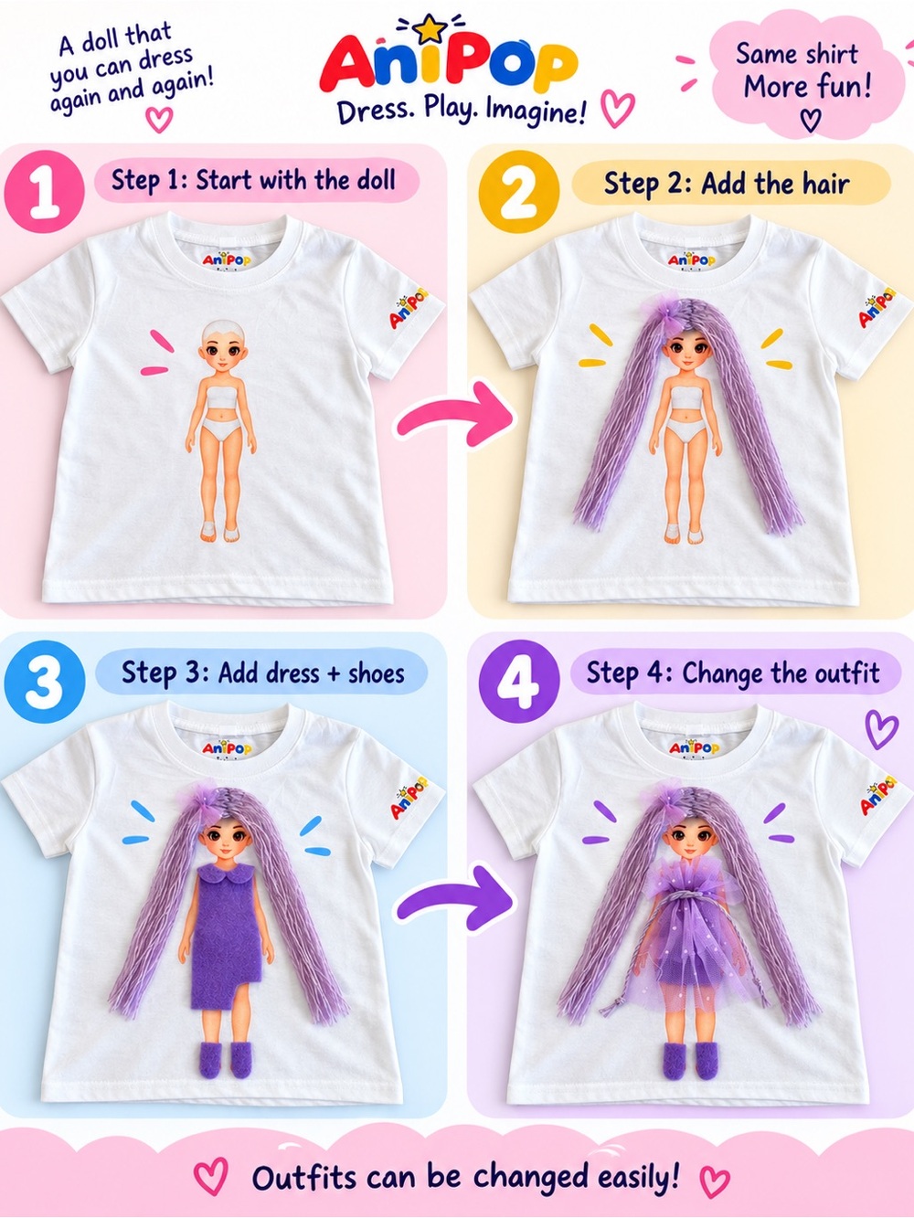 Kids White Tee with Purple Doll Motif